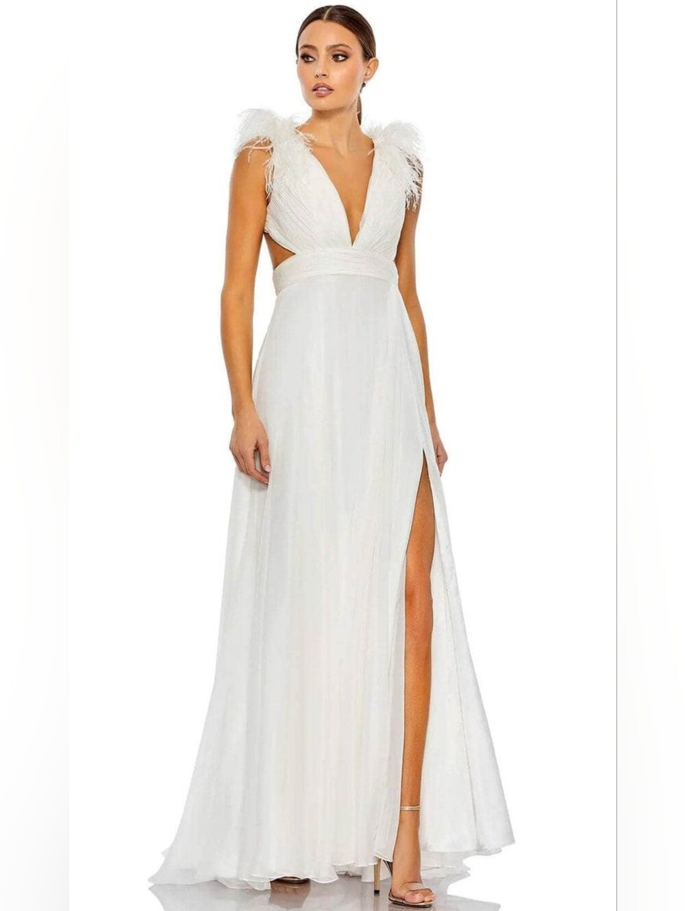 Mac Duggal White Feather-Shoulder V-Neck Evening Gown NWT Size 6